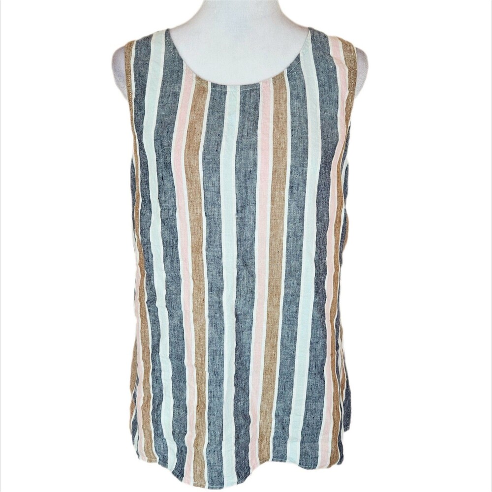 Ellen Tracy Striped Sleeveless Linen Top Womens Large Breathable Summer Vacation